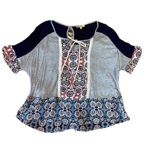 Democracy BOHO Relaxed Fit Mixed Media Short Sleeve Ruffle Top Sz S  #186L